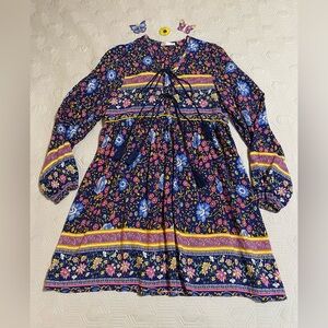 Bohemian Tunic Floral Dress Mini Length Long Sleeve Size L